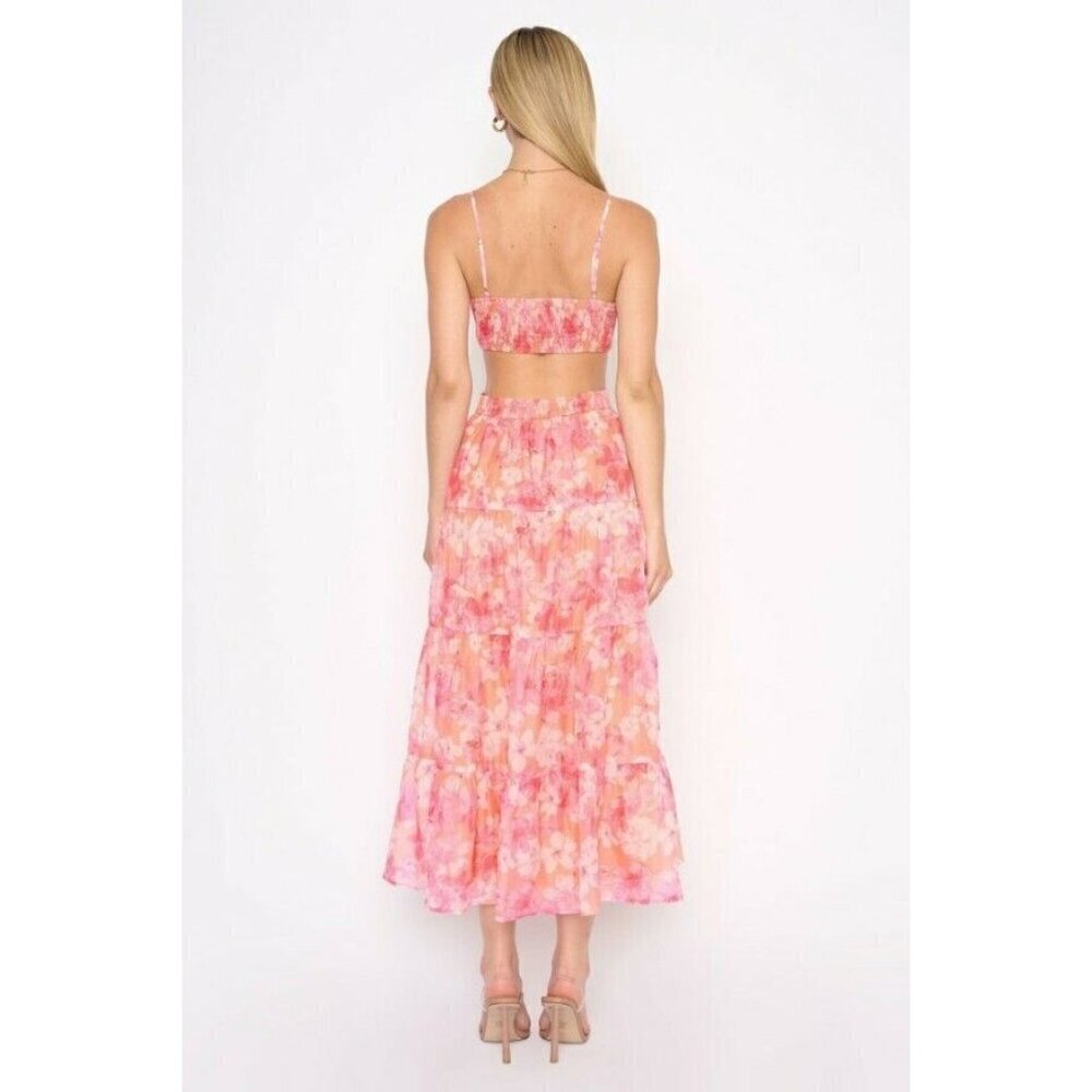 NEW DEE ELLY BEATRICE SIDE CUT OUT FLORAL PINK DRESS SZ MEDIUM - Picture 3 of 13
